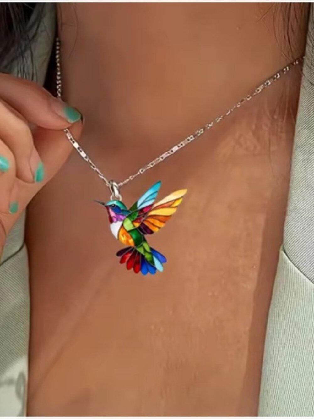 Rainbow Hummingbird Necklace Colorful Bird Pendant Nature Jewelry Gift - Picture 3 of 4
